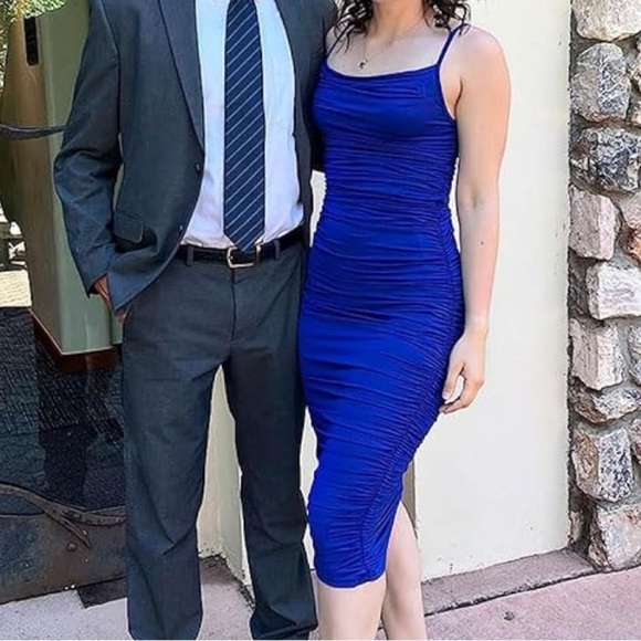 Dress Spaghetti Strap Bodycon Party Club Midi Backless Ruched casual Size L - Picture 5 of 6